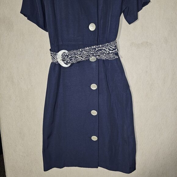Vintage Petite Sophisticate Women's Career Dress Size Medium Navy Blue Belted - Picture 4 of 15